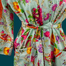 Stampa a blocchi verdi chiari Morning Coat, accappatoio, 100% di cotone, mantello mattutino, kimono, dall'India, impronta a mano