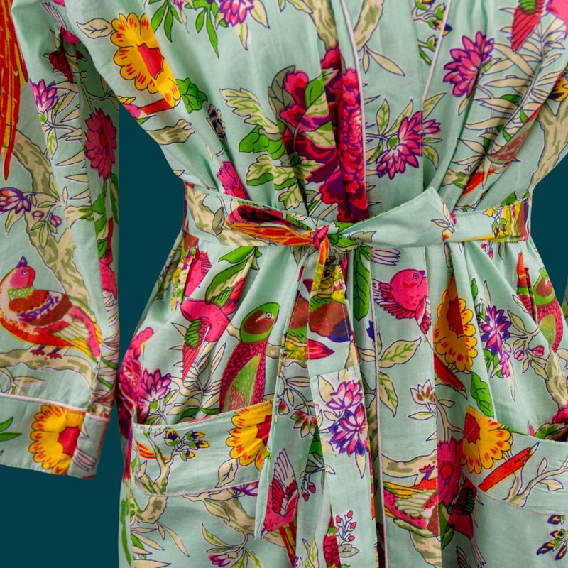 Stampa a blocchi verdi chiari Morning Coat, accappatoio, 100% di cotone, mantello mattutino, kimono, dall'India, impronta a mano