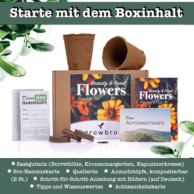 growbro - FLOWER POWER - Dyrkningssæt til spiselige blomster, din frøblanding til spiselige blomster og som bi engfrø