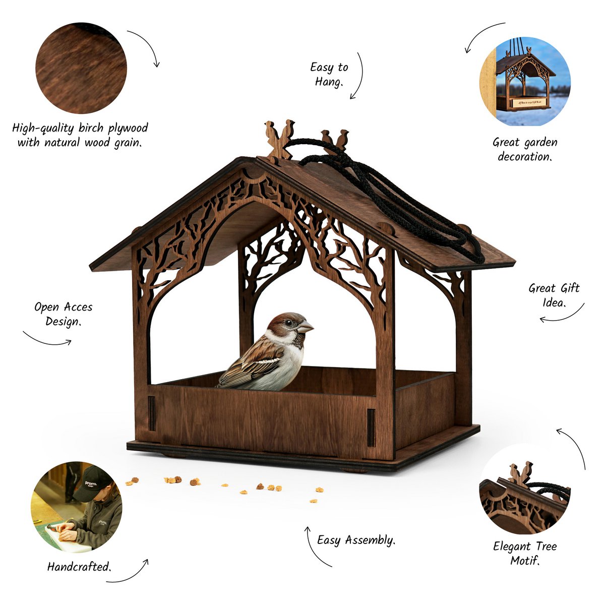 Handmade Wooden Bird Feeder, Outdoor Decor for Gardens, Patios, and Yards
