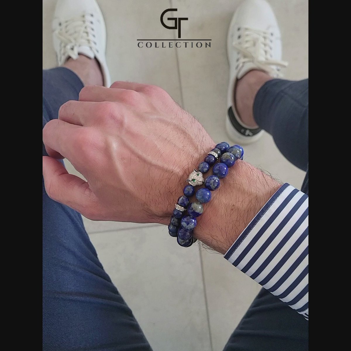 Bracelet homme LAPIS LAZULI avec tête de LÉOPARD en argent