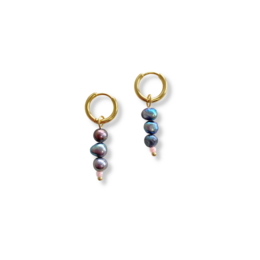 Elegant gold-tone earrings featuring a trio of lustrous black pearls.