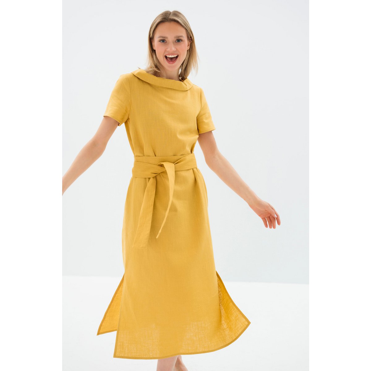 LONG STORY — Vestido midi de lino con cinturón y manga corta
