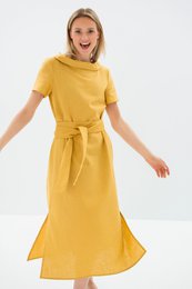 LONG STORY — Vestido midi de lino con cinturón y manga corta
