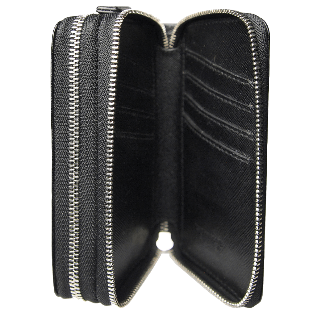 8 Credit Card Dual-Zip Saffiano Leather Wallet Black