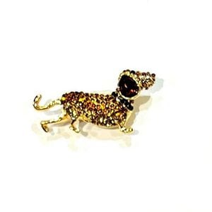 Bruine sprankelende gouden strass teckel broche