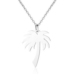 A palm tree pendant necklace in silver, gold, and rose gold colors. The pendant features a simple, stylized palm tree design.