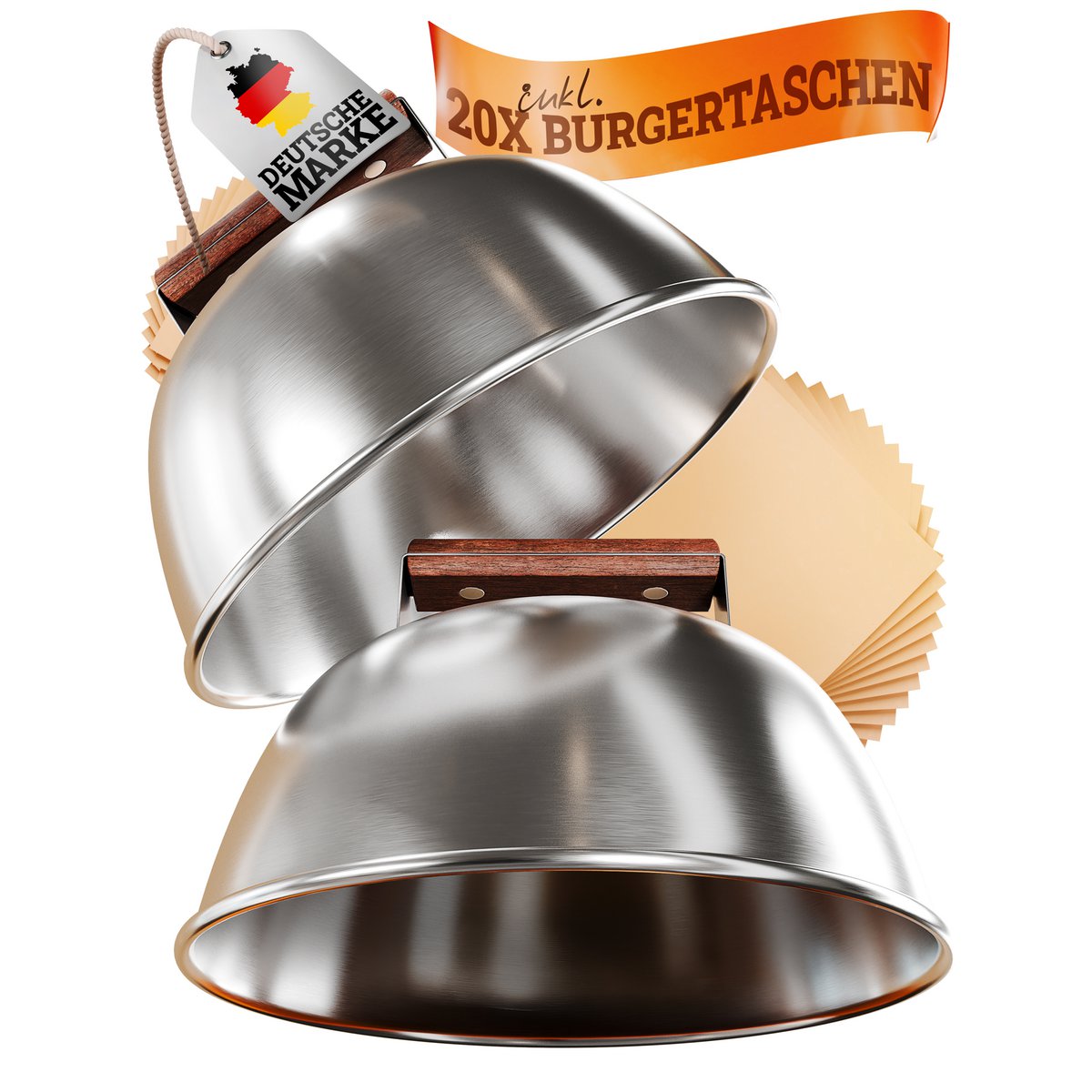Burger Bells Set [3-PC.] Pour les hamburgers smash en acier inoxydable et des poignées en bois d'Acacia pour plancha, plaque de grill, grill à gaz et plaque de feu