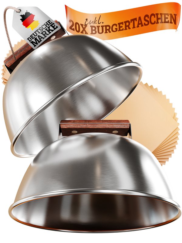 Burger Bells Set [3-pc.] Per gli hamburger Smash realizzati in acciaio inossidabile e manici in legno di acacia per plancha, piastra per griglia, griglia a gas e piastra di fuoco