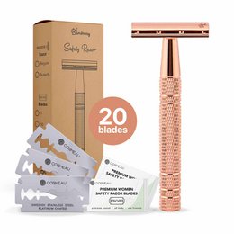 Rose gold aluminum safety razor with 20 blades, ideal for hair removal.
