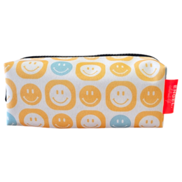 Rectangular pencil case with yellow smiley face pattern, suitable for school or office use.