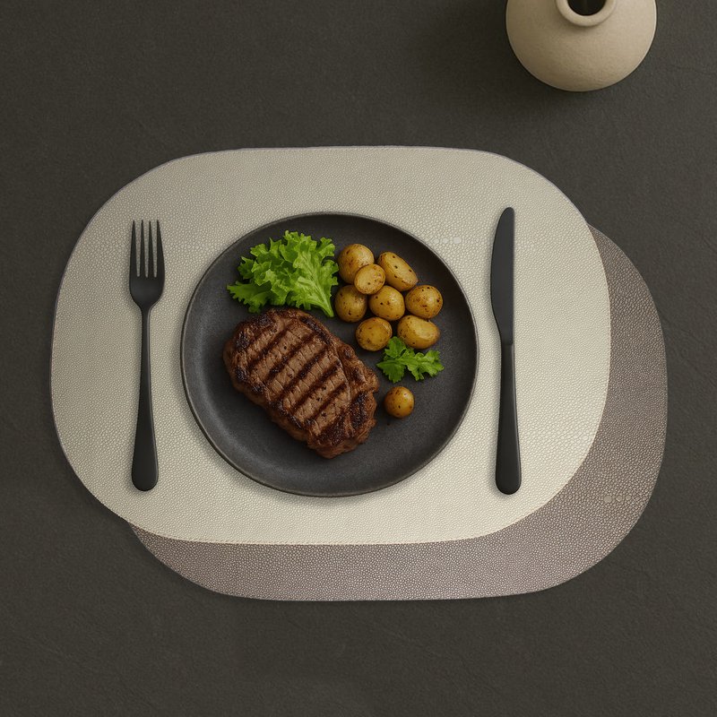 Tischset 6-er Set oval Kunstleder Rochenhaut creme beige zweifarbig
