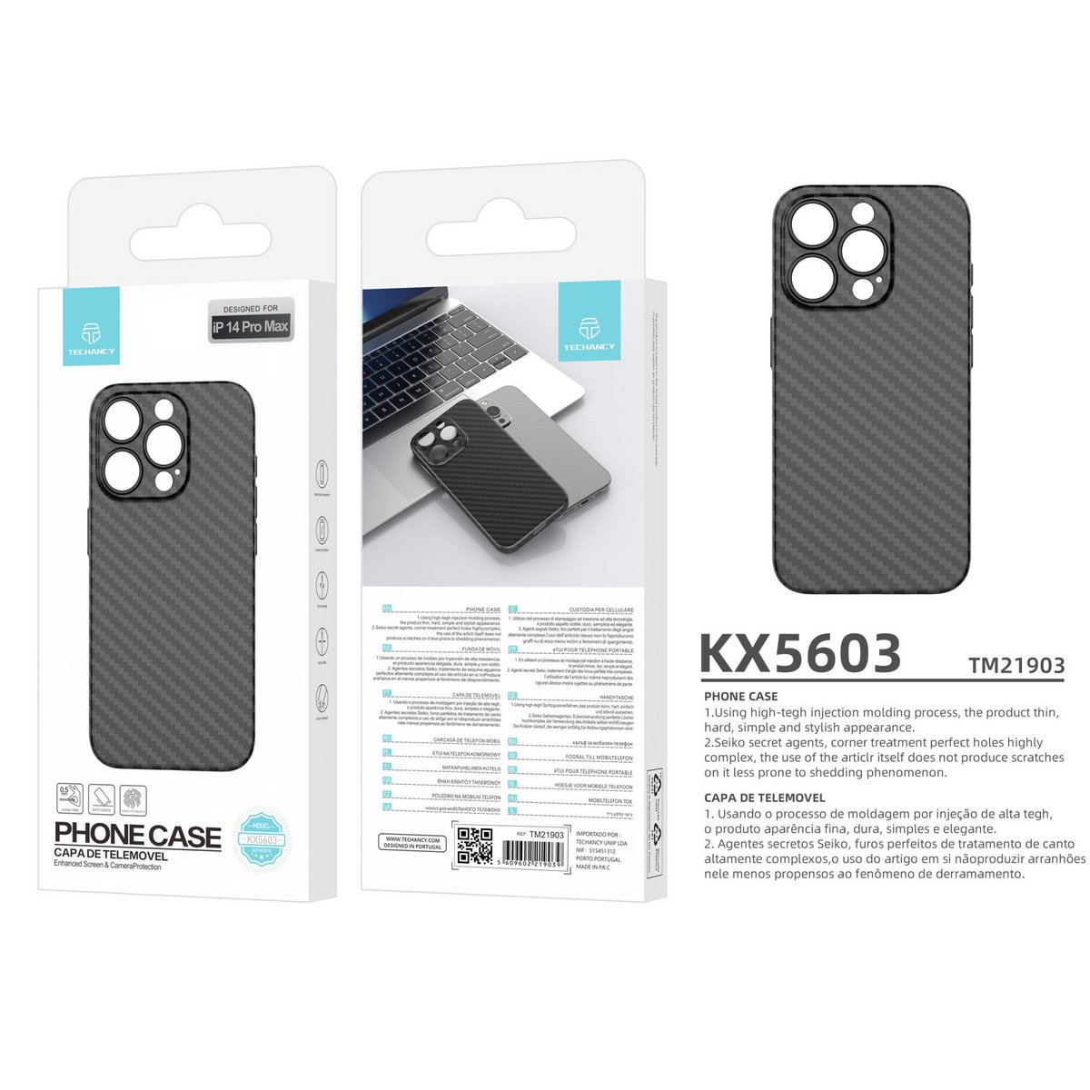 Custodia per telefono Techancy ultra sottile in fibra di carbonio KX5603, compatibile con iPhone 15 Plus, materiale PP da 0,5 mm.