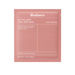 "Rose pink collagen sheet mask, minimalist design, skincare treatment product"