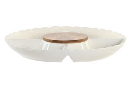 A rectangular white porcelain tray with a wooden center and scalloped edges. The tray measures 25.5 x 25.5 x 3 cm.