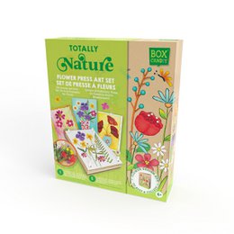 Flower press for arts and crafts, made of wood and cardboard, with colorful floral and nature-themed graphics on the packaging.