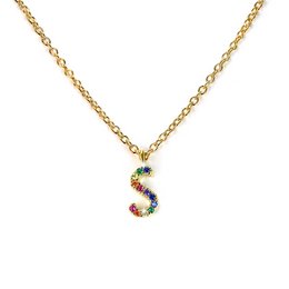 Colorful pendant necklace with a cursive 'S' charm in gold tone metal.