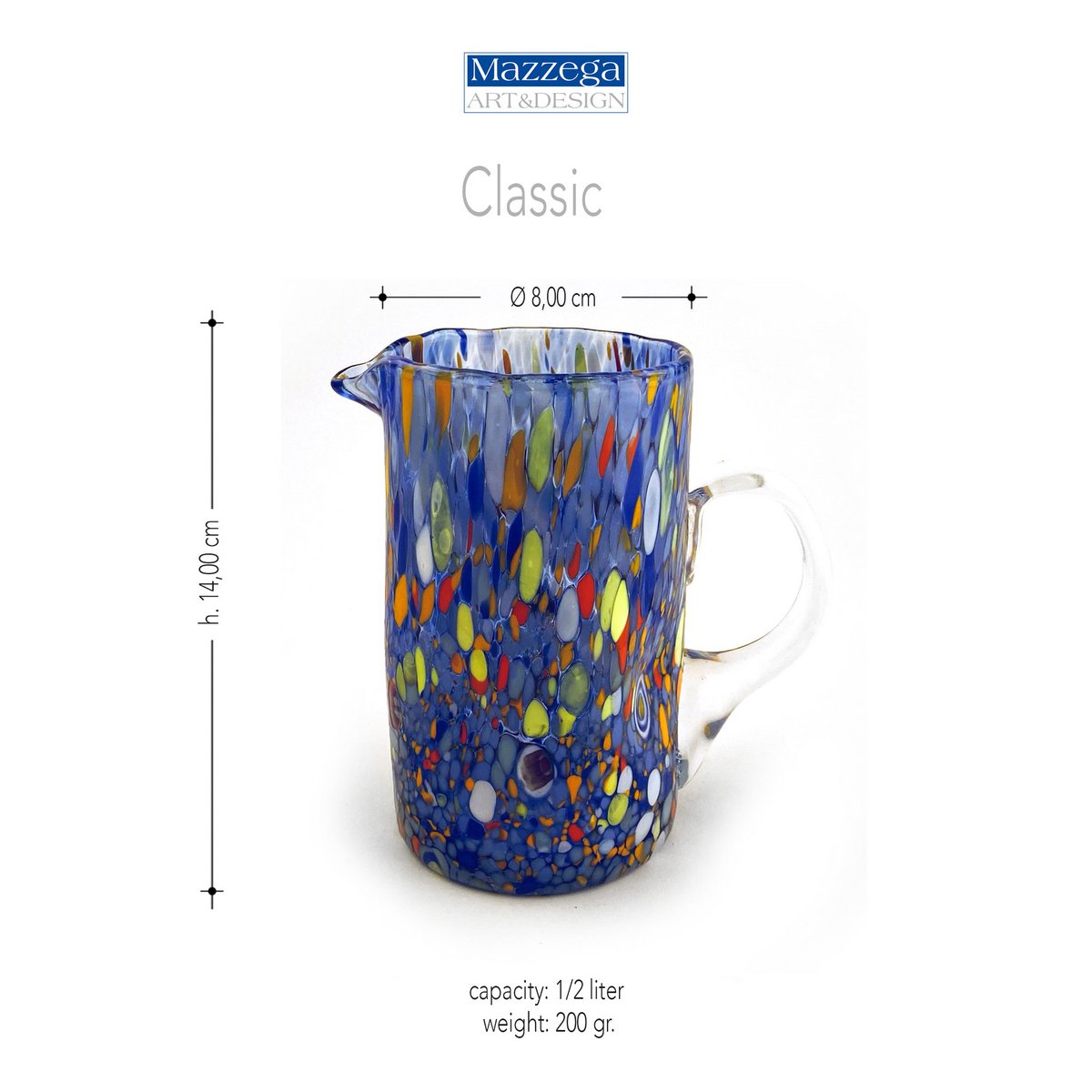 1 Klassisk caraffa i håndblæst og håndlavet glas med Murrine di Murano, "I Colori di Murano" linje 500 ml. Lavet i Italien