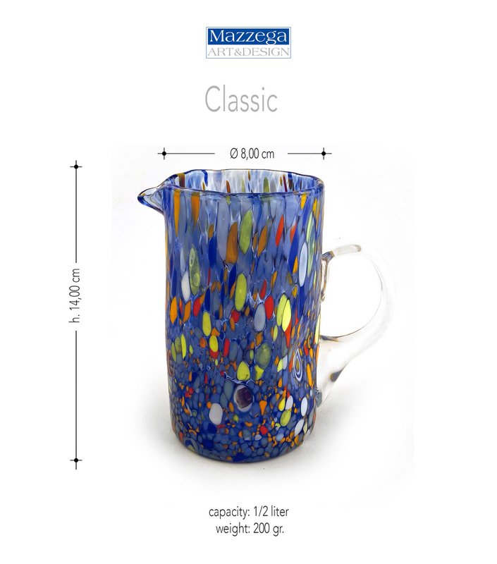 1 Classic Caraffa in hand blown and handmade glass with Murrine di Murano, "I Colori di Murano" line 500 ml. Made in Italy