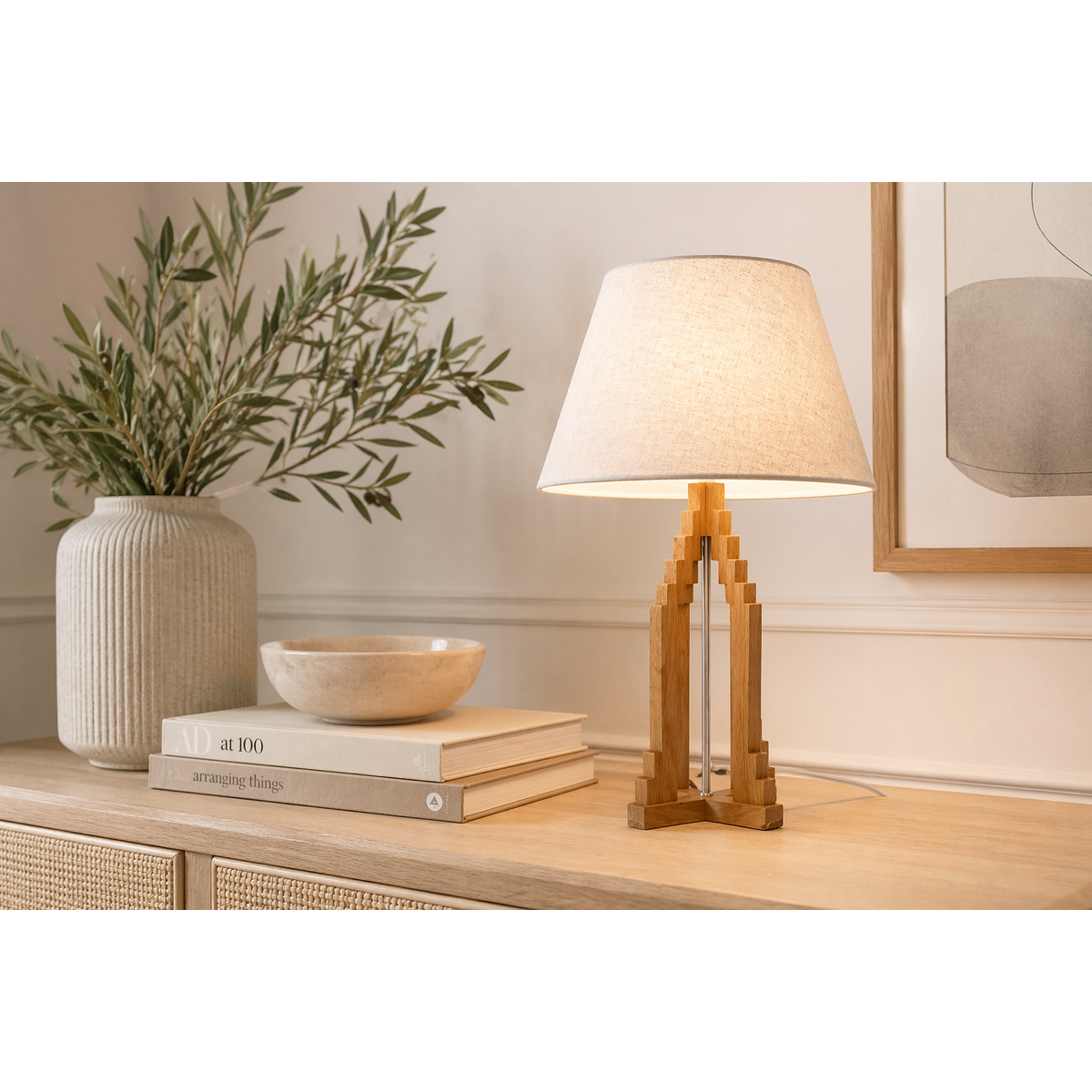 Pyramid lamp with lampshade h 65 d 40 cm in natural brown wood