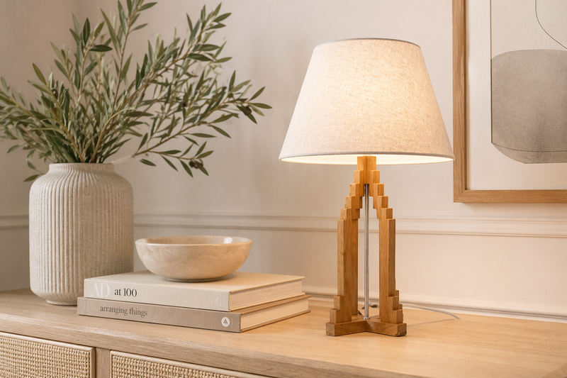 Pyramid lamp with lampshade h 65 d 40 cm in natural brown wood