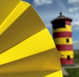 A yellow, opaque hand fan with a striped pattern, suitable for use in warm weather.