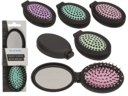  Folding pocket mirror with detachable hair brush, round compact design, black handle, pink and turquoise bristles.