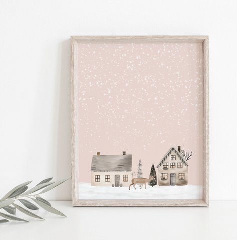 Scandinavian houses poster, winter landscape poster, Christmas poster, pink Christmas poster, Santa poster, Christmas print, Pink Christmas