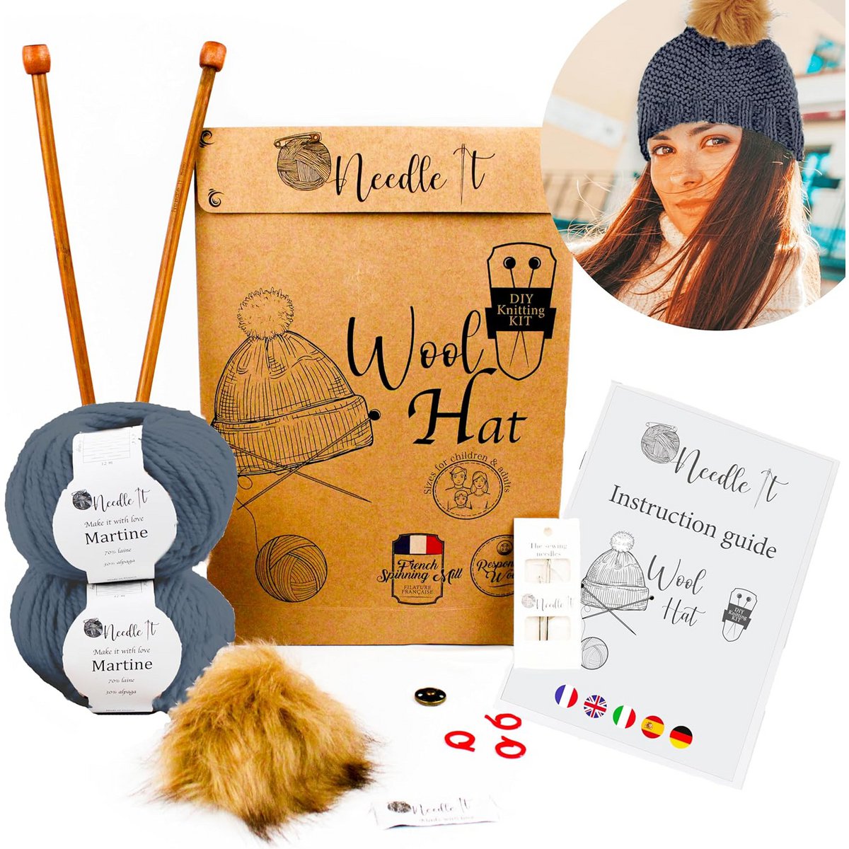 NEEDLE IT® Komplettes Strickset für graue Mützen – DIY-Wollmütze für Kinder und Erwachsene – Komplettset mit Nadeln, Knäueln und Anleitung – Französische Wolle (Grau)