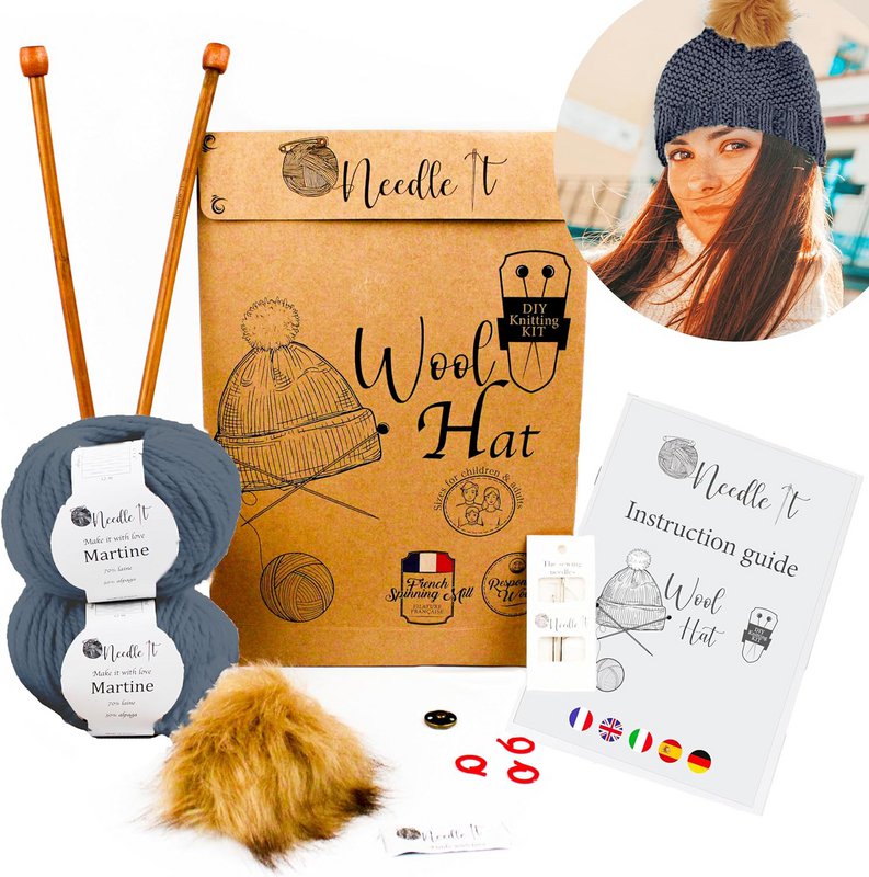 NEEDLE IT® Kit Tricot bonnet complet gris - Bonnet en laine à tricoter soi-même pour enfant et adulte - Kit complet avec aiguilles, pelotes et notice - Laine française (Gris)