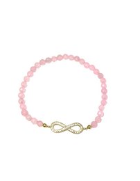 A delicate rose quartz bracelet with an infinity symbol design, presented in a gift box. The bracelet features a soft pink color and a simple, elegant style.