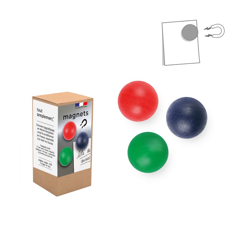 Boite de 3 petites boules magnétiques en bois - pomme/cerise/bleu nuit