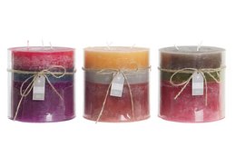 Tall, round wax candles in assorted colors including red, orange, and brown. The candles have a long burn time of 120 hours.