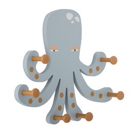  A blue and gray octopus-shaped coat rack with multiple hooks for hanging clothes or accessories.