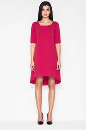 Asymmetrische trapezejurk met korte mouwen, fuchsia