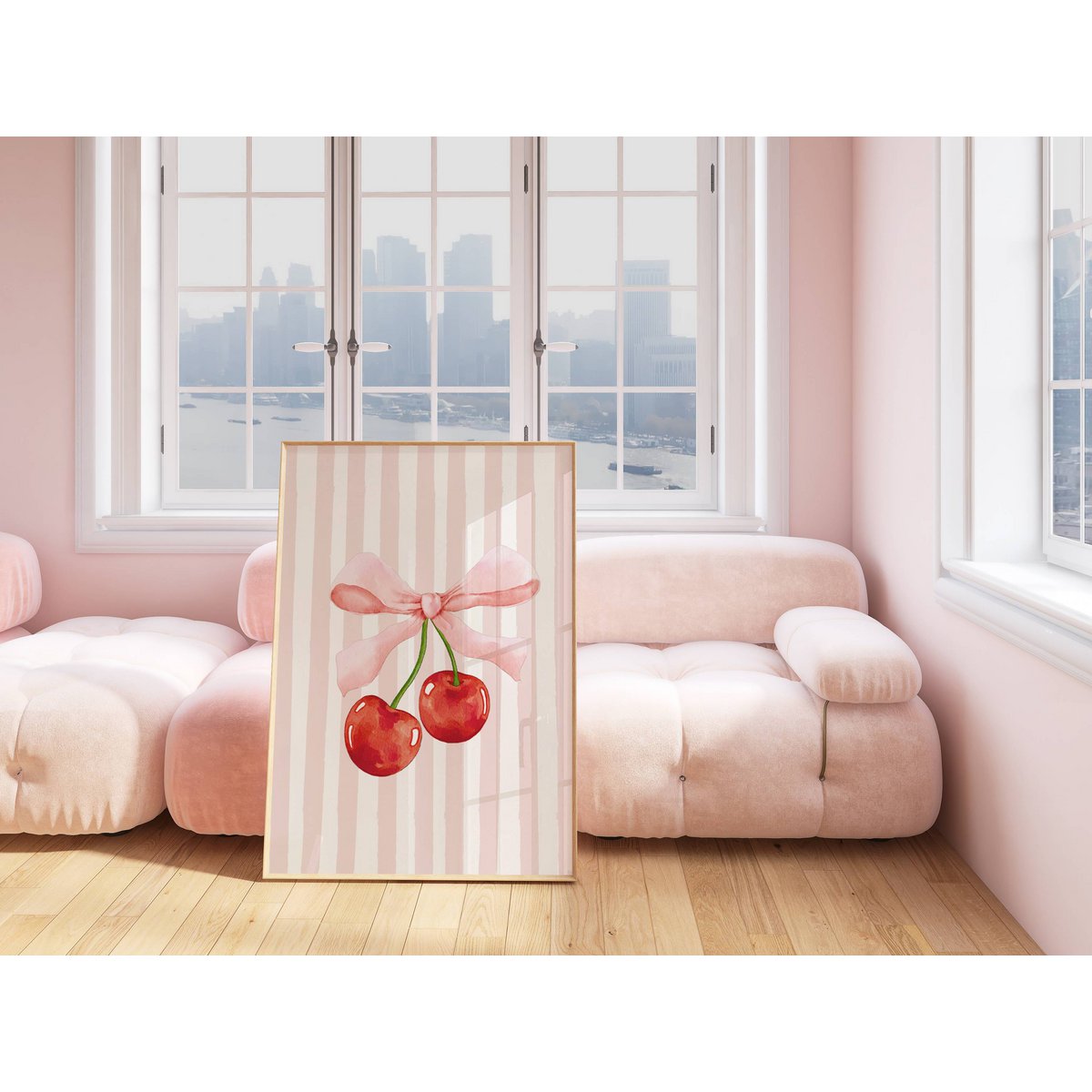 Cherry bow print, cherry poster, bow poster, Coquette print, pink girls room poster, girls nursery poster