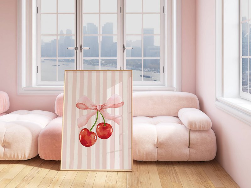Cherry bow print, cherry poster, bow poster, Coquette print, pink girls room poster, girls nursery poster