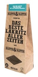 Mild-salty licorice in a paper bag with the German text "Das Beste Lakritz Aller Zeiten" meaning "The Best Licorice of All Time".