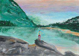 "Landscape nature poster, turquoise lake mountains, scenic artwork, A4 print, colorful painting"