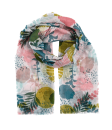 Lightweight cotton scarf with a vibrant floral pattern in pastel colors, perfect for adding a touch of style to any outfit.