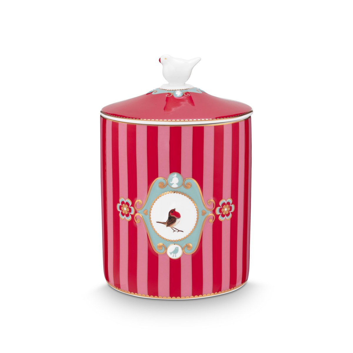 Storage Jar Love Birds Medallion Stripes Red-Pink