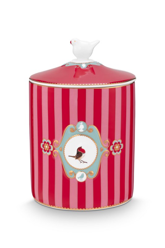 Storage Jar Love Birds Medallion Stripes Red-Pink