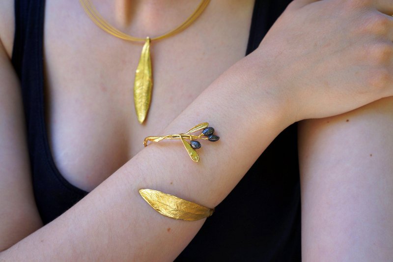 Gouden olijftak manchetarmband: verstelbare sterling zilveren armband