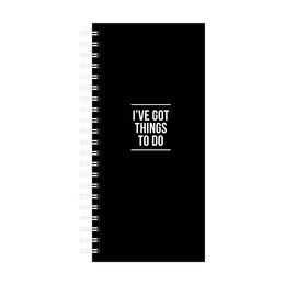 A black spiral-bound notebook with the text "I've got things to do" printed on the cover. The notebook is open, revealing lined pages and a pen.

This notebook appears to be a simple, functional to-do list or planner. The black color and bold text on the cover give it a modern, minimalist aesthetic. The open pages and pen suggest it is intended for writing down tasks, notes, or other information. This product would be suitable for organizing and tracking daily or weekly activities and responsibilities.