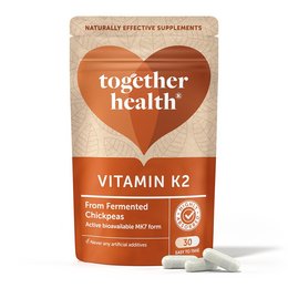 Vitamin K2 30 caps supplement from Together Health. Made from fermented chickpeas, this natural formula is free from artificial additives and preservatives.