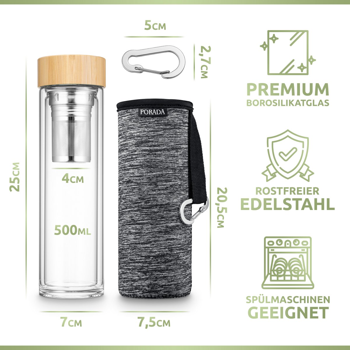 Bouteille de thé de 500 ml avec sac de protection et mousqueton