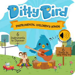 This musical children's book features a blue bird character and includes 6 instrumental songs for children to discover. The book cover displays the title "Ditty Bird" along with illustrations of the bird character and other playful elements.