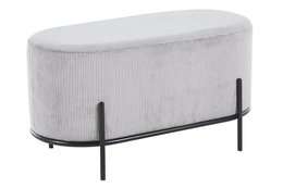Upholstered stool with a corduroy-like light gray fabric and a minimalist black metal frame.
