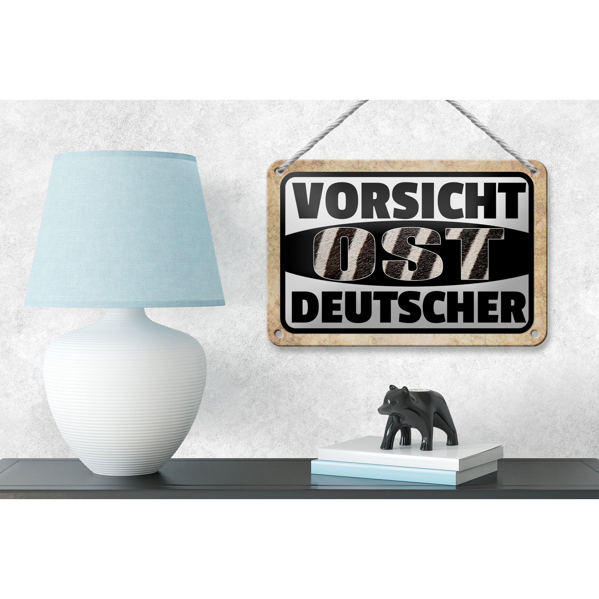Tin sign saying 18x12cm Beware East German decoration