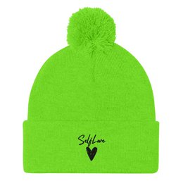 Self Love Pom-Pom Beanie - Women's Beanie with Embroidery